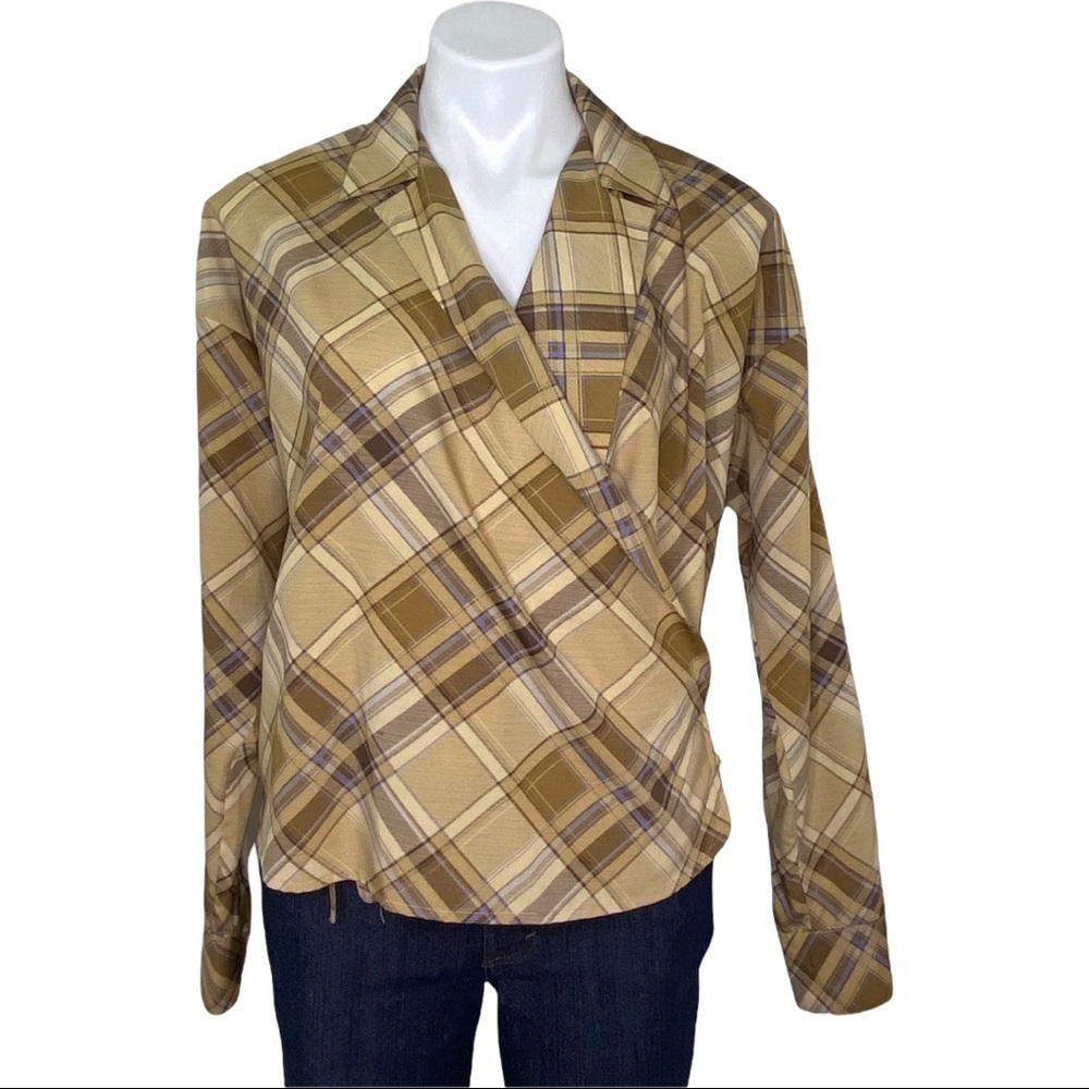 Lauren Ralph Lauren Wrap Top Petite Size M Tan Brown Blue Plaid Blouse